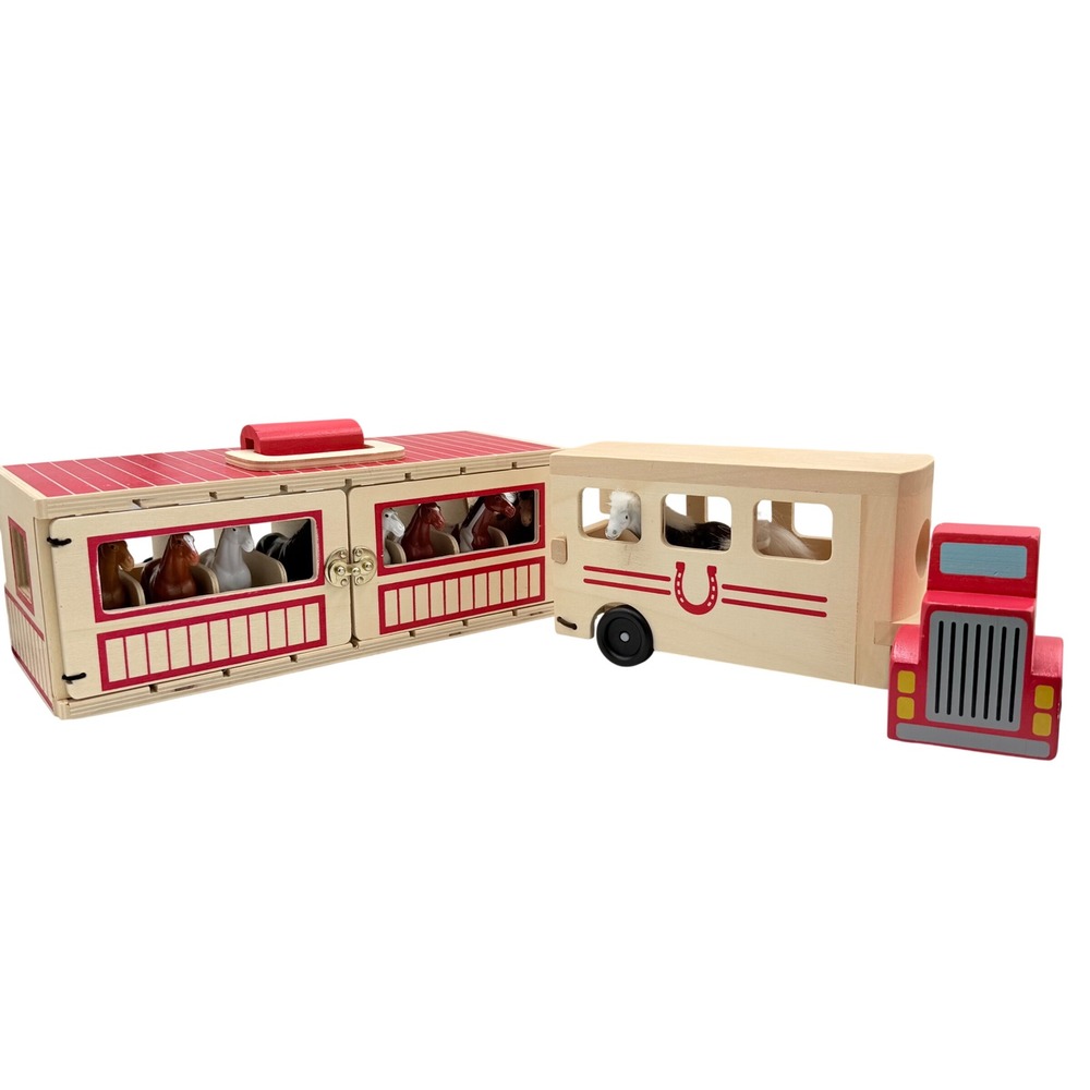 Melissa & Doug Horse Carrier & Stable Set Kids Wood Red Trailer Barn Figurines